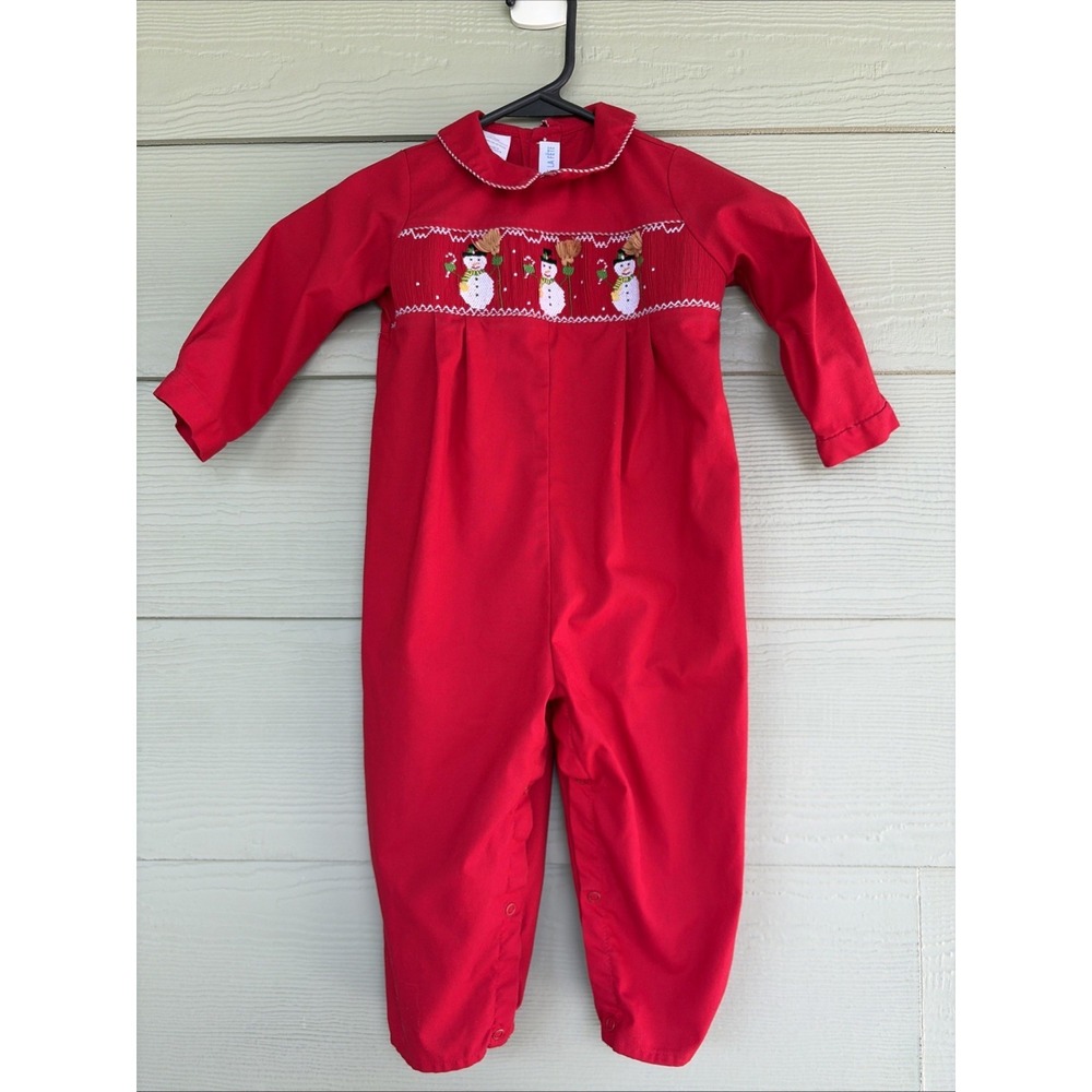 Vive la Fete Red Christmas Holiday Smocked Snowman 1pc Outfit Unisex Toddler 24M